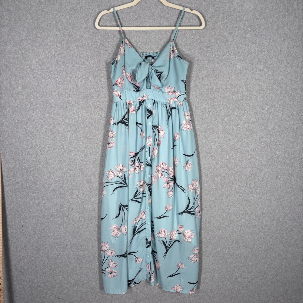 Soprano Tie Front Floral Midi Dress Medium Light Blue Smocked Back Feminine